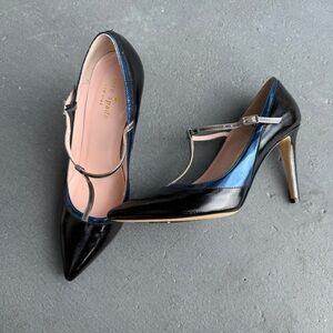 Kate Spade New York Patent Leather Black Blue Silver T-Strap Heels 6.5